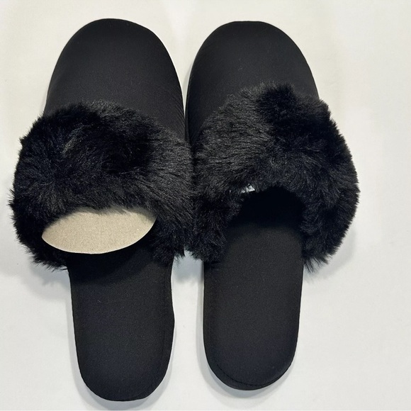 INC Slippers L 9/10 Black Satin Faux Fur Slip On Slides Soft Comfort Foam New - Picture 2 of 5
